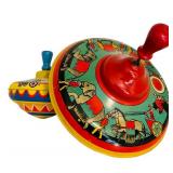 Two Vintage Spinning Tops, Including Ohio Art Spinning Toy Top Metal Circus Train Animals