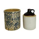 Vintage Roseville Stoneware Blue Spongeware Crock and Vintage Two Tone Stoneware Jug