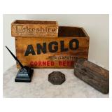 Vintage Collectables including Two Wooden Boxes, Black Fountain Pen, WW1 Army 1916 Bacon Tin and More!