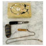 Vintage Vermont Marble Mother of Pearl Inlay Trinket Box from India and Two Vintage Pocket Knives
