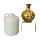 Vintage Fine Porcelain Gold and White Vase from Japan and White Pottery Jug