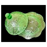 Collection of Vintage Green Glassware including a Fenton Green Opalescent Footed Bowl-Ruffled Edge