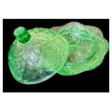 Collection of Vintage Green Glassware including a Fenton Green Opalescent Footed Bowl-Ruffled Edge