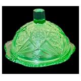 Collection of Vintage Green Glassware including a Fenton Green Opalescent Footed Bowl-Ruffled Edge