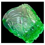 Collection of Vintage Green Glassware including a Fenton Green Opalescent Footed Bowl-Ruffled Edge