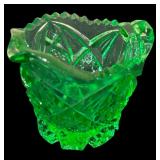 Collection of Vintage Green Glassware including a Fenton Green Opalescent Footed Bowl-Ruffled Edge