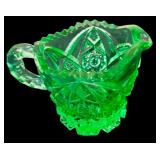 Collection of Vintage Green Glassware including a Fenton Green Opalescent Footed Bowl-Ruffled Edge