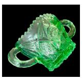 Collection of Vintage Green Glassware including a Fenton Green Opalescent Footed Bowl-Ruffled Edge