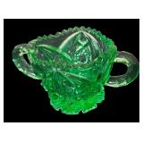 Collection of Vintage Green Glassware including a Fenton Green Opalescent Footed Bowl-Ruffled Edge
