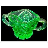 Collection of Vintage Green Glassware including a Fenton Green Opalescent Footed Bowl-Ruffled Edge
