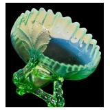 Collection of Vintage Green Glassware including a Fenton Green Opalescent Footed Bowl-Ruffled Edge