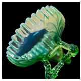 Collection of Vintage Green Glassware including a Fenton Green Opalescent Footed Bowl-Ruffled Edge