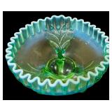Collection of Vintage Green Glassware including a Fenton Green Opalescent Footed Bowl-Ruffled Edge