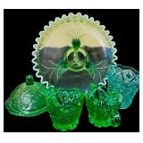 Collection of Vintage Green Glassware including a Fenton Green Opalescent Footed Bowl-Ruffled Edge