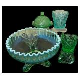 Collection of Vintage Green Glassware including a Fenton Green Opalescent Footed Bowl-Ruffled Edge