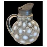 Vintage White Opalescent Glass Coin Dot Syrup Pitcher, Vintage Anchor Hocking Moonstone Hobnail Three-way Divided Serving Dish and Bowl