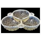 Vintage White Opalescent Glass Coin Dot Syrup Pitcher, Vintage Anchor Hocking Moonstone Hobnail Three-way Divided Serving Dish and Bowl