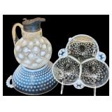 Vintage White Opalescent Glass Coin Dot Syrup Pitcher, Vintage Anchor Hocking Moonstone Hobnail Three-way Divided Serving Dish and Bowl