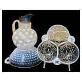Vintage White Opalescent Glass Coin Dot Syrup Pitcher, Vintage Anchor Hocking Moonstone Hobnail Three-way Divided Serving Dish and Bowl