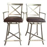 Two Swivel Brown Leather and Metal Base Counter Stools by Isabella Interiors