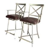 Two Swivel Brown Leather and Metal Base Counter Stools by Isabella Interiors