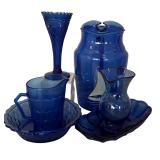 Vintage Cobalt Blue Glass including Shirley Temple Bowl and Pitcher Set, Juice Pitcher and More
