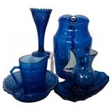 Vintage Cobalt Blue Glass including Shirley Temple Bowl and Pitcher Set, Juice Pitcher and More