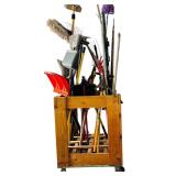 Lot of Outside Tools and Wooden Container with Wheels including Rakes, Mop, Brooms, Shovels and More