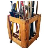 Lot of Outside Tools and Wooden Container with Wheels including Rakes, Mop, Brooms, Shovels and More