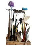 Lot of Outside Tools and Wooden Container with Wheels including Rakes, Mop, Brooms, Shovels and More