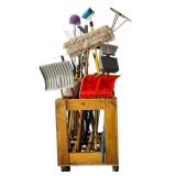 Lot of Outside Tools and Wooden Container with Wheels including Rakes, Mop, Brooms, Shovels and More