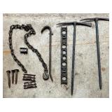 Vintage Goodies including Railroad Spikes, Pick Axes, Heavy Duty Log Tow Chain, Millers Falls, 24" Cast Iron Level and More!