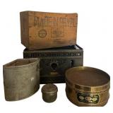 Vintage Treasures Including Camping Tin, Vintage Aluminum Mid Century Storage Tin, U.S. Standard Sieve No. 50, "Form-A-Germ" Disinfectant Tin and More!