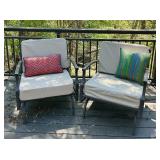 Pair of Metal Patio Chairs with Tan Cushions and Outdoor Accent Pillows