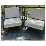 Pair of Metal Patio Chairs with Tan Cushions and Outdoor Accent Pillows