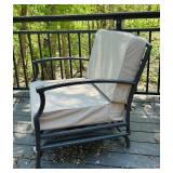 Pair of Metal Patio Chairs with Tan Cushions and Outdoor Accent Pillows
