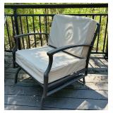 Pair of Metal Patio Chairs with Tan Cushions and Outdoor Accent Pillows