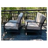Pair of Metal Patio Chairs with Tan Cushions and Outdoor Accent Pillows
