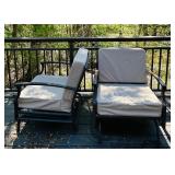 Pair of Metal Patio Chairs with Tan Cushions and Outdoor Accent Pillows