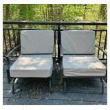 Pair of Metal Patio Chairs with Tan Cushions and Outdoor Accent Pillows