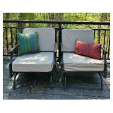 Pair of Metal Patio Chairs with Tan Cushions and Outdoor Accent Pillows