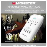 Monster Wall Tap Plug 3-Outlet 4 USB Ports Extender with Outlet Surge Protector - WHITE