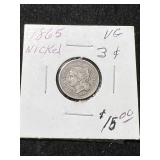 1865 US 3 CENT NICKEL VG