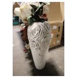 Decorative White Vase with Rose Design and Faux Floral Arrangement