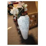 Decorative White Vase with Rose Design and Faux Floral Arrangement