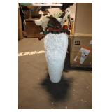 Decorative White Vase with Rose Design and Faux Floral Arrangement