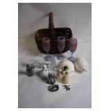 Assortment of Ceramic and Glass Collectibles with Basket