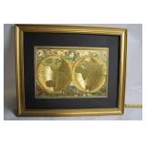 Framed Vintage World Map Print with Ornate Golden Frame