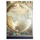 Framed Vintage World Map Print with Ornate Golden Frame
