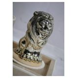 Elegantly Crafted Metal Lion Figurine with Wooden Display Case